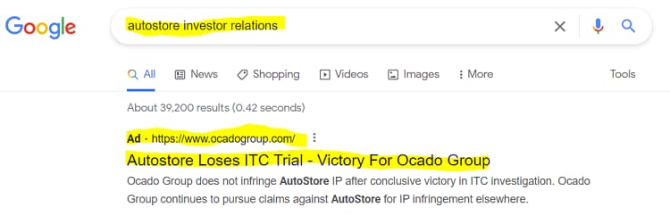 Screenshot of Google search showing Ocado Group's Ad regarding AutoStore loss in ITC trial against Ocado.